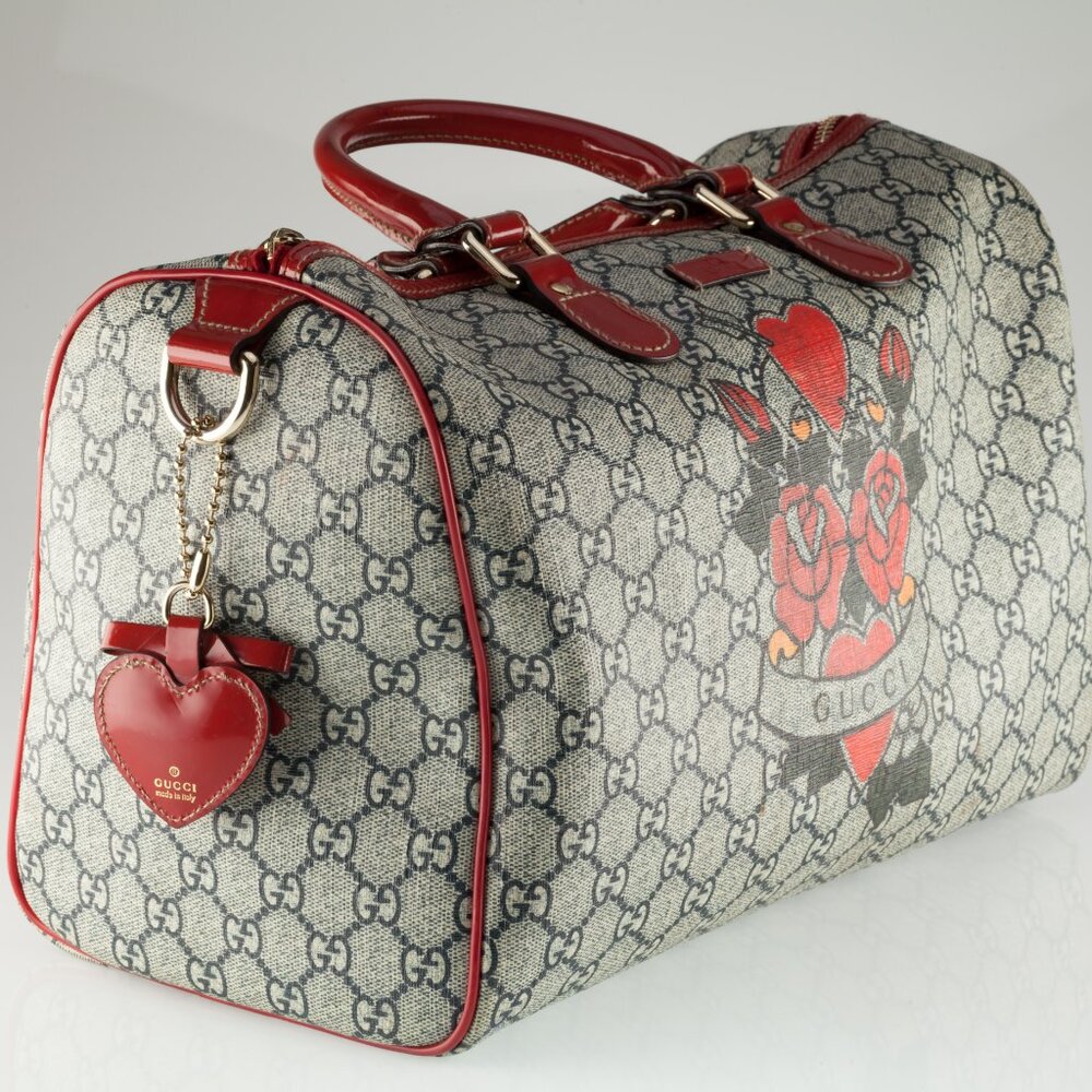 Gucci Coated Canvas Boston Tattoo Rose Heart Bag Limited Edition w/ Charm - Picture 8 of 9
